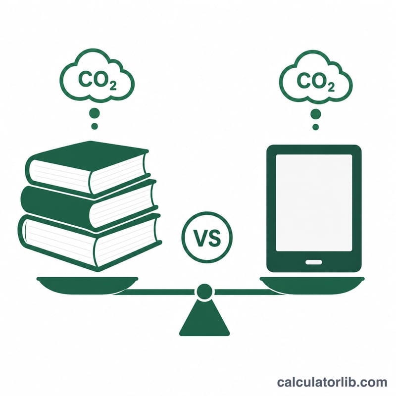 한쪽에 종이책, 다른 쪽에 전자책 리더기 태블릿을 두고 각각 CO2 구름과 함께 나란히 비교