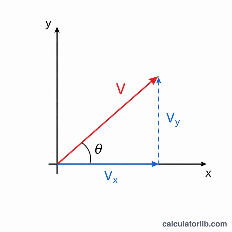 Velocity vector decomposed into horizontal and vertical components at the launch angle theta