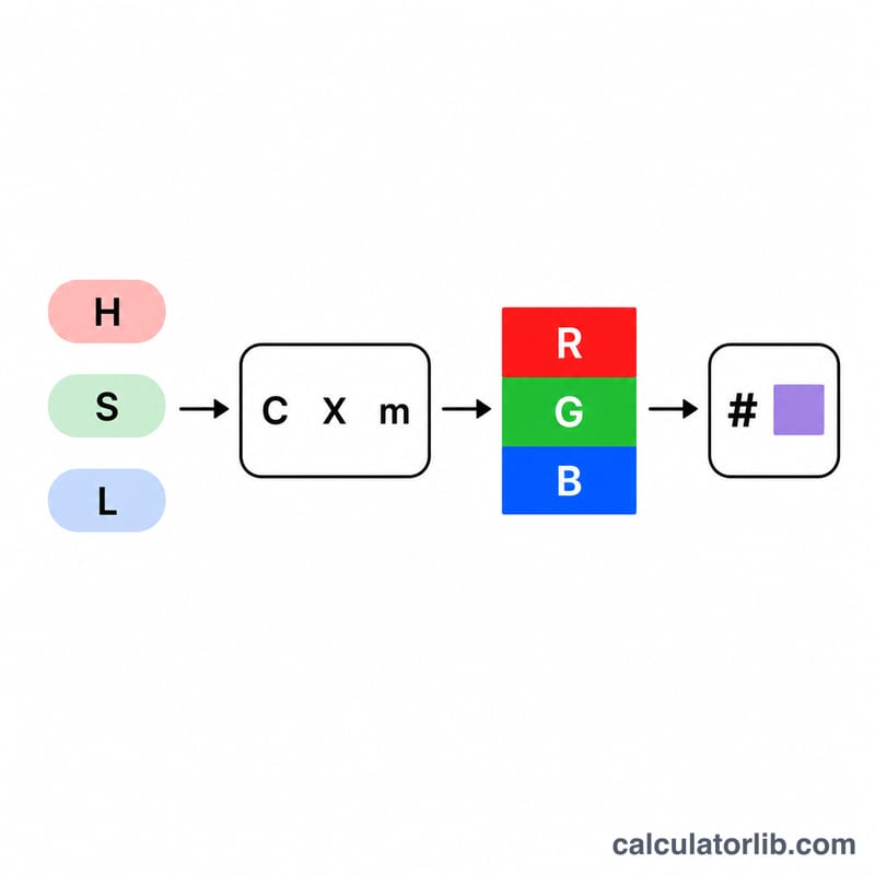 Flat process diagram showing HSL values transformed into RGB channels and then into a hex code