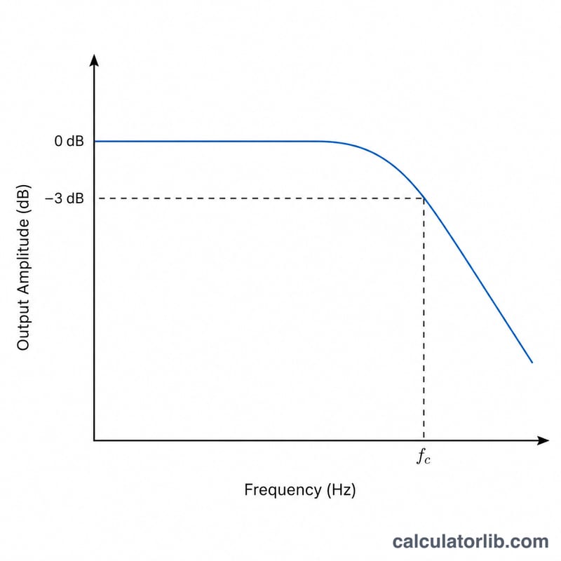Frequency response curve of a low pass filter showing flat passband and rolloff at cutoff frequency