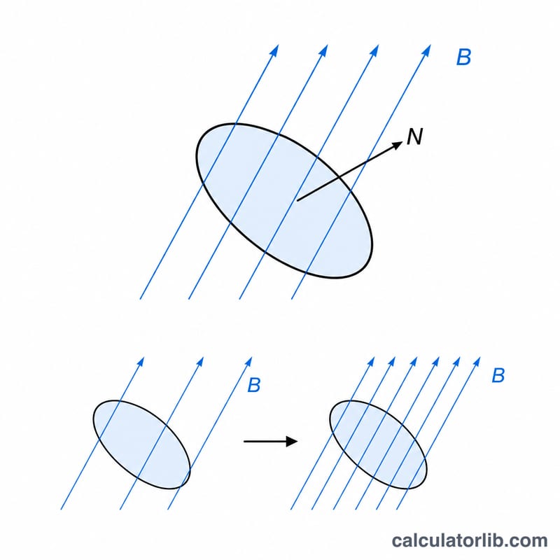 Sơ đồ thể hiện các đại lượng trong định luật Faraday: N vòng dây, độ biến thiên từ thông, thời gian