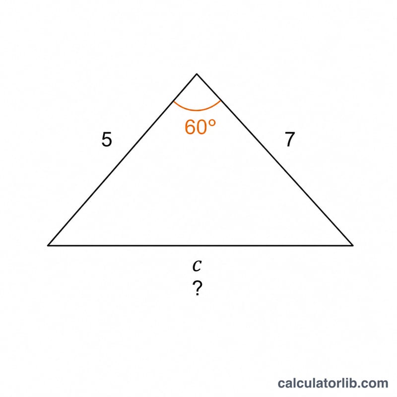 Triangle with example values a=5, b=7, included angle C=60 degrees, solving for side c