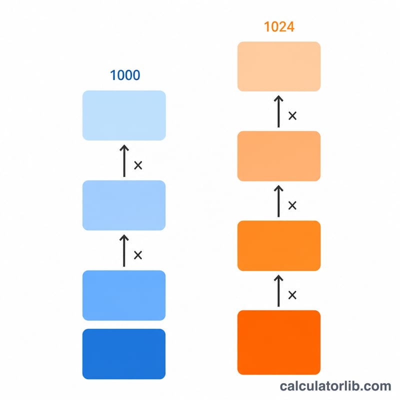 Comparison of decimal base 1000 versus binary base 1024 unit ladders