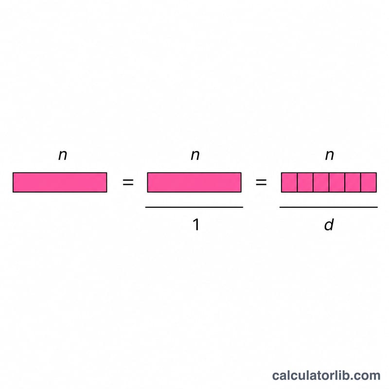 Whole number n equals n over 1 equals n times d over d, shown with split bars