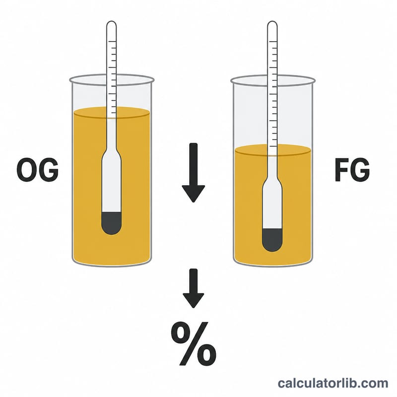 Diagram showing original gravity minus final gravity multiplied by a constant equals ABV