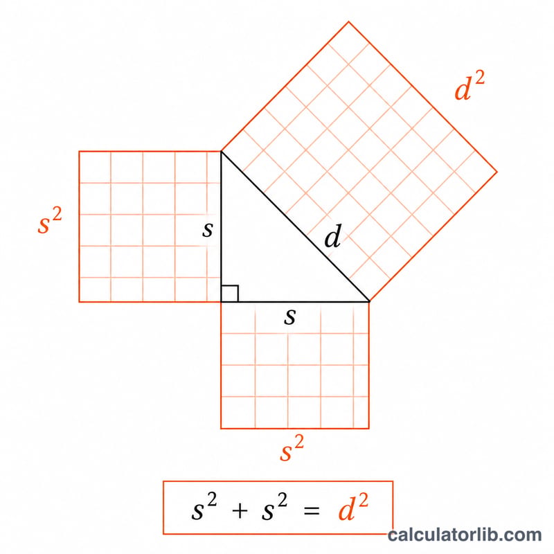 Right triangle with legs s and s and hypotenuse d illustrating the Pythagorean theorem