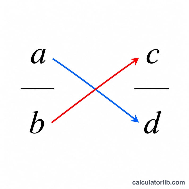 Cross multiplication diagram between ratio a:b and c:d with diagonal arrows showing a times d equals b times c