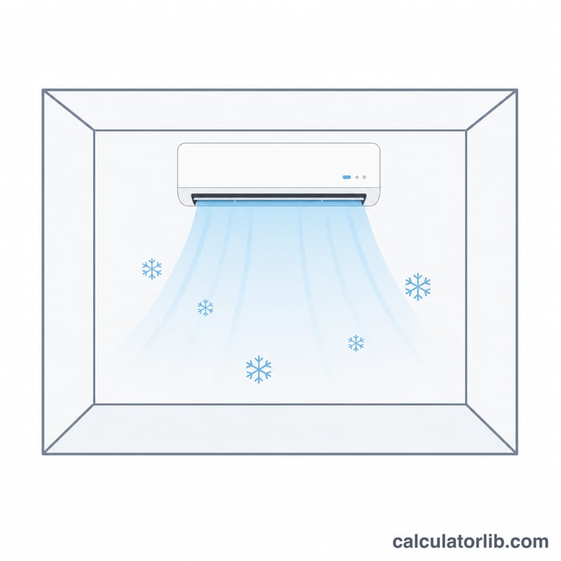 Wall-mounted air conditioner cooling a rectangular room