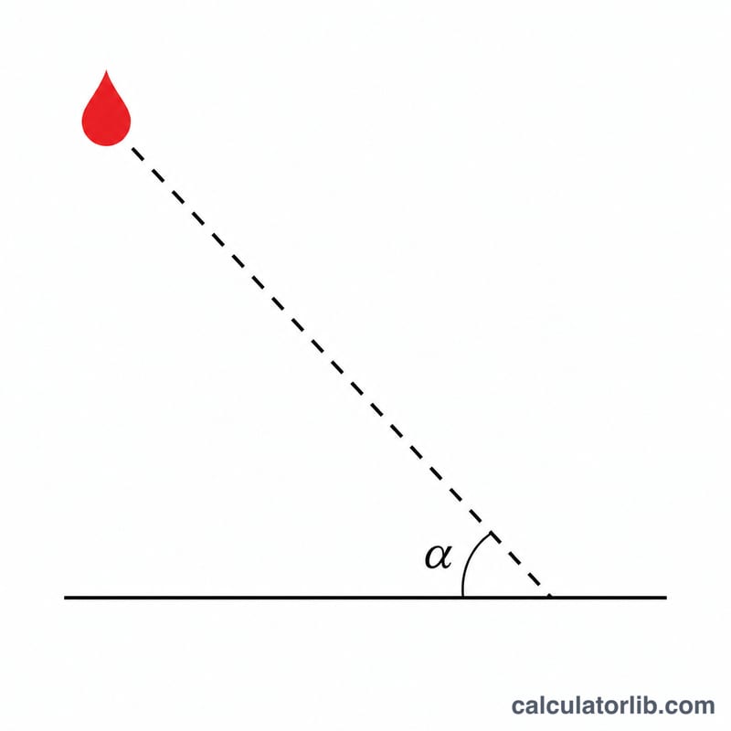 Blood droplet striking a surface at an angle showing the impact angle alpha