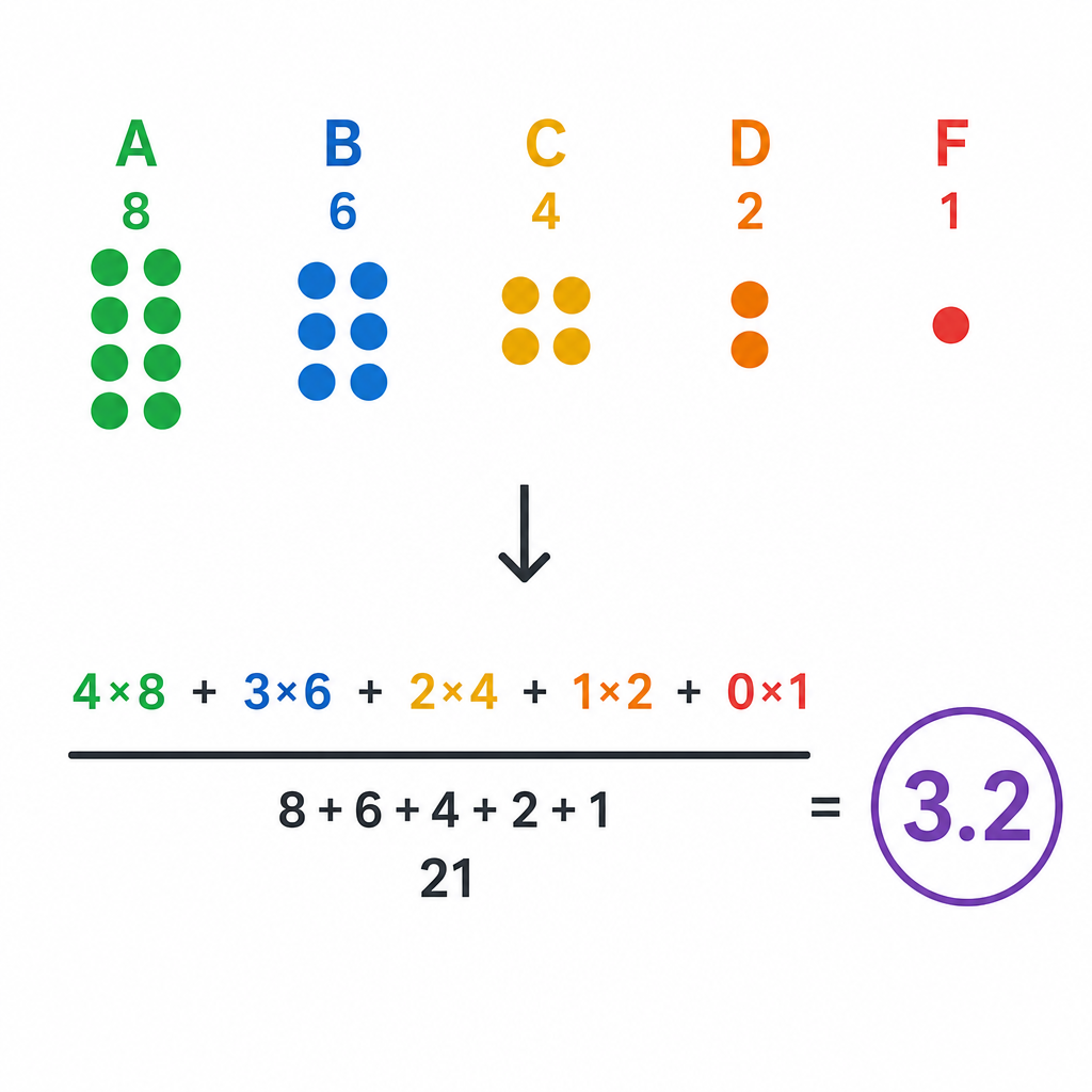 Flat diagram showing how counts of each grade combine into a weighted average GPA