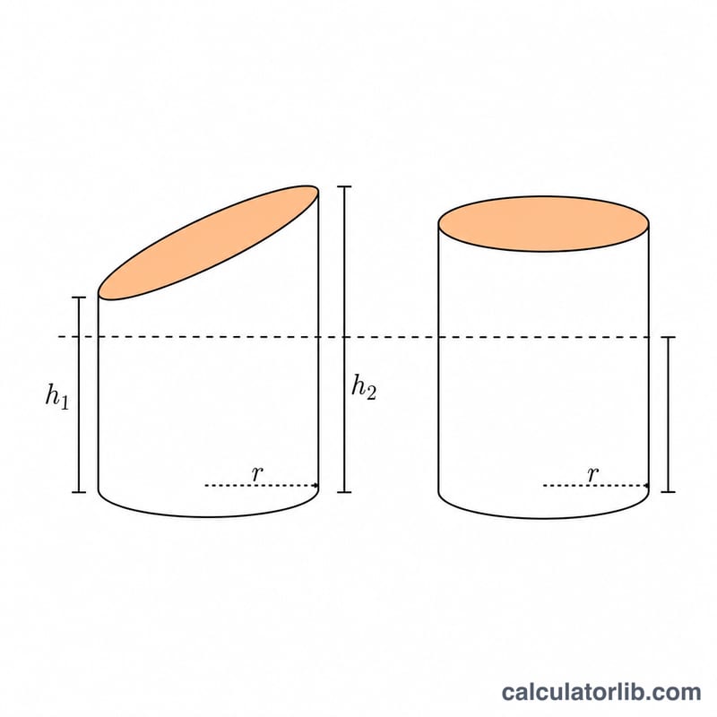 Diagram showing the average height (h1 plus h2 over 2) of a truncated cylinder equals an equivalent straight cylinder