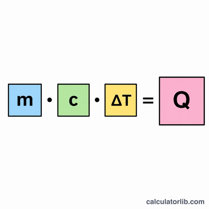 Bar showing the three multiplied factors mass, specific heat and temperature change combining into total thermal energy Q
