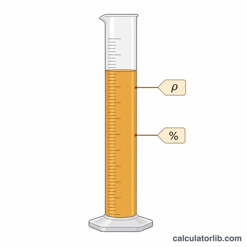 Illustration of a graduated cylinder containing a concentrated acid solution with density and percent labels
