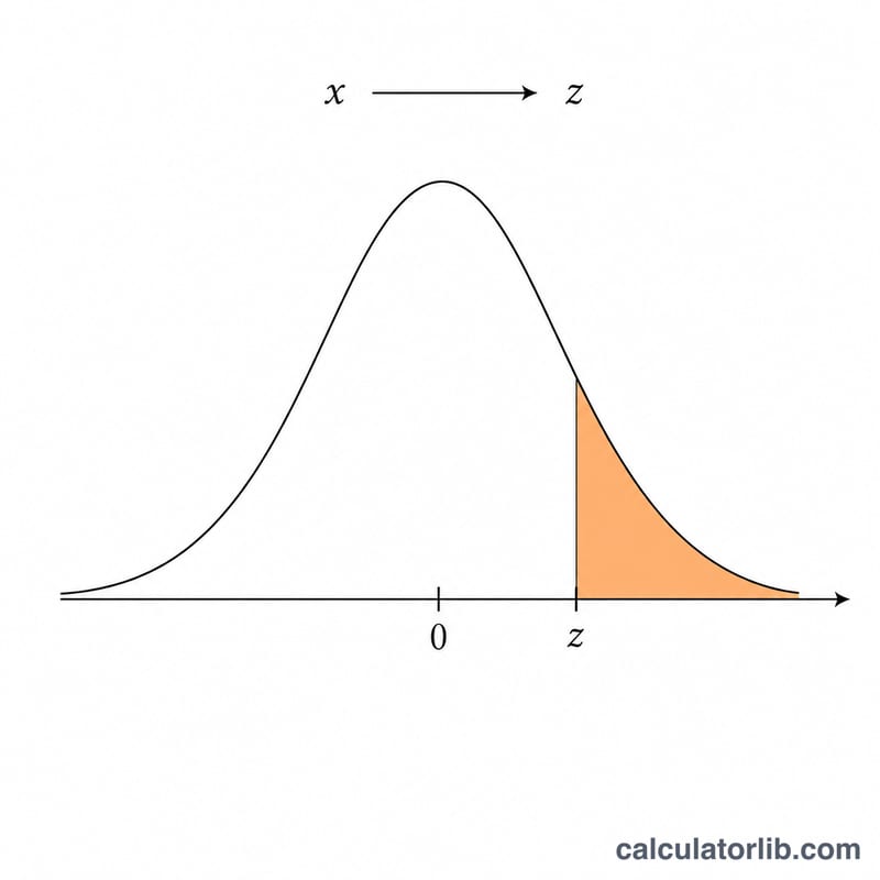 Standard normal curve showing conversion of x to a z-score with shaded right tail