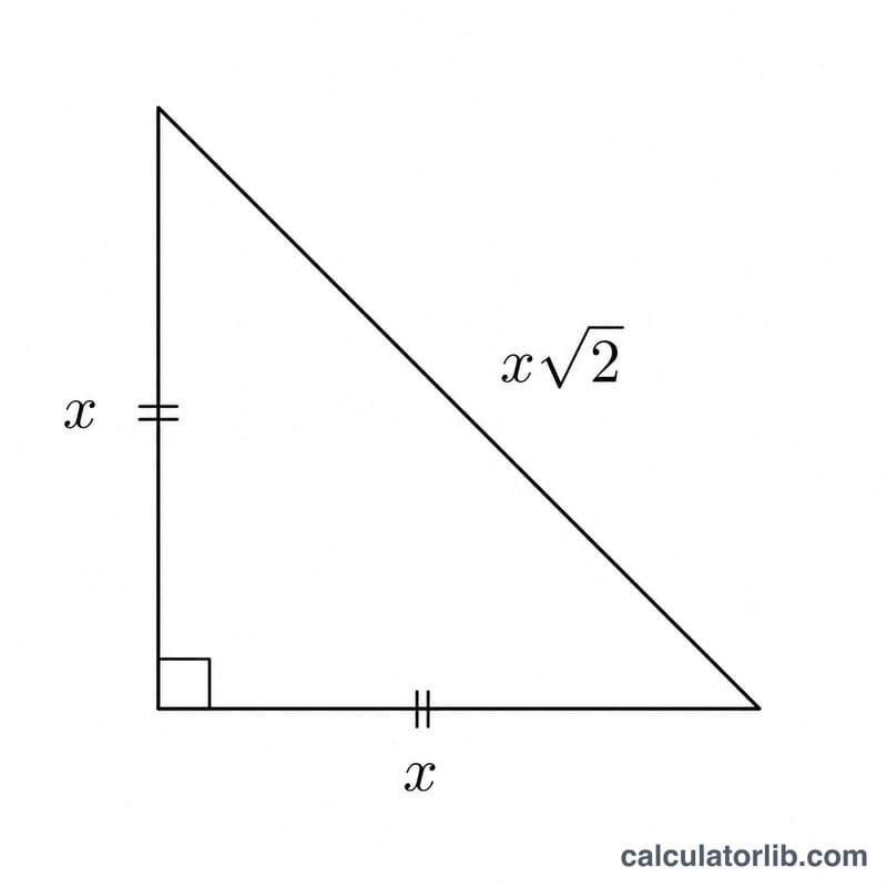 45-45-90 triangle with legs labeled x and hypotenuse labeled x times square root of 2