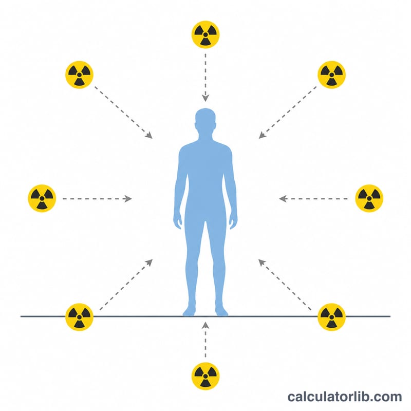 Person standing in an open field with radiation arriving from the surrounding environment