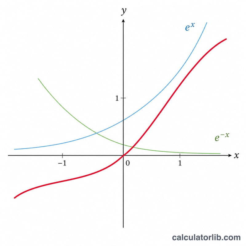 Diagram showing exponential growth and decay curves combining into tanh