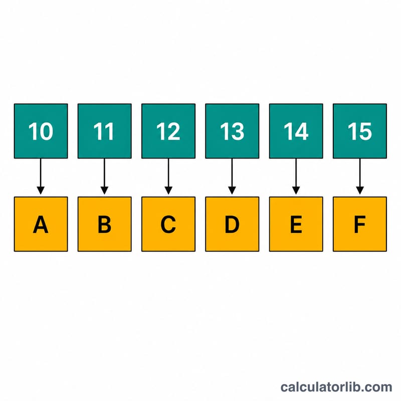 10진수 10부터 15까지를 16진수 문자 A부터 F까지에 대응시킨 표