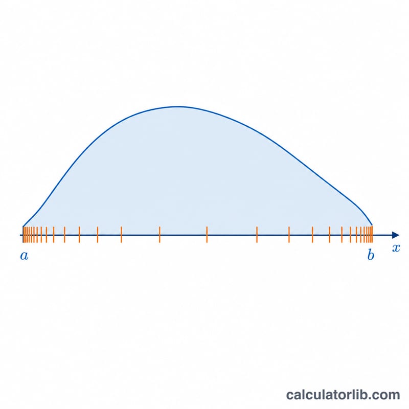 Interval from a to b with quadrature nodes clustered densely near both endpoints under a shaded area