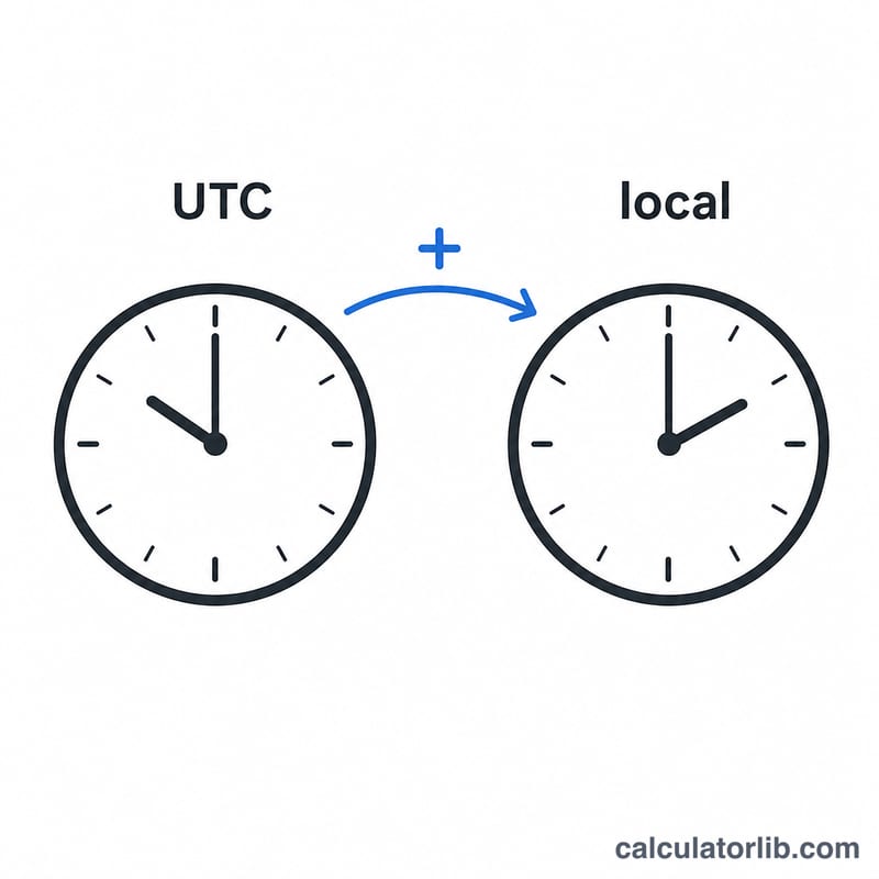 Two clocks showing conversion from UTC to local time