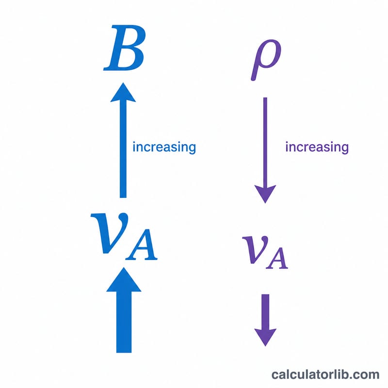 Diagram showing Alfven velocity increases with magnetic field and decreases with plasma density