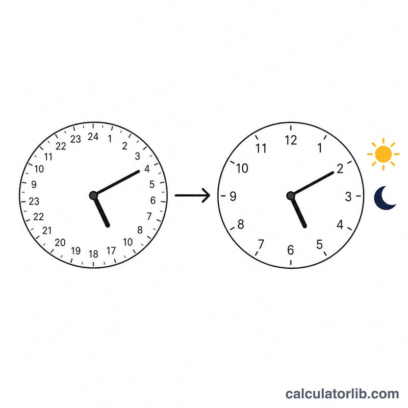 Two clock faces showing 24-hour time converting to 12-hour time