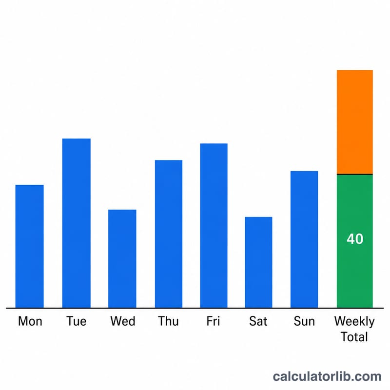 Weekly hours bars split into regular hours up to 40 and overtime above