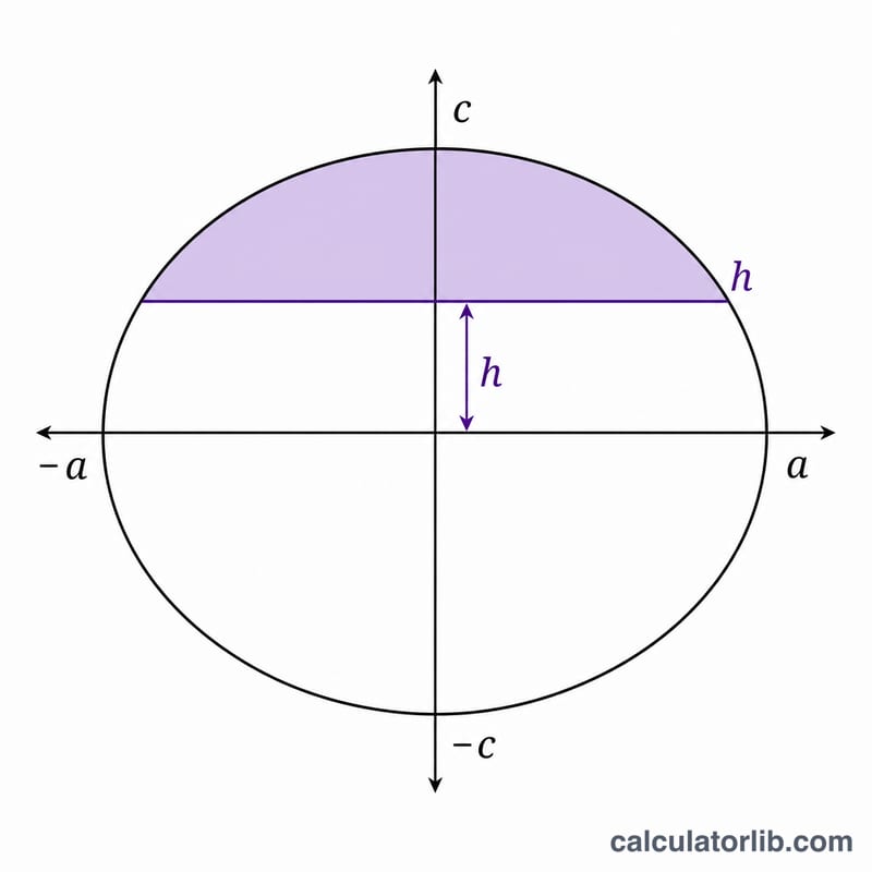 Vertical cross-section of ellipsoid showing semi-axes a and c with cut height h and shaded cap