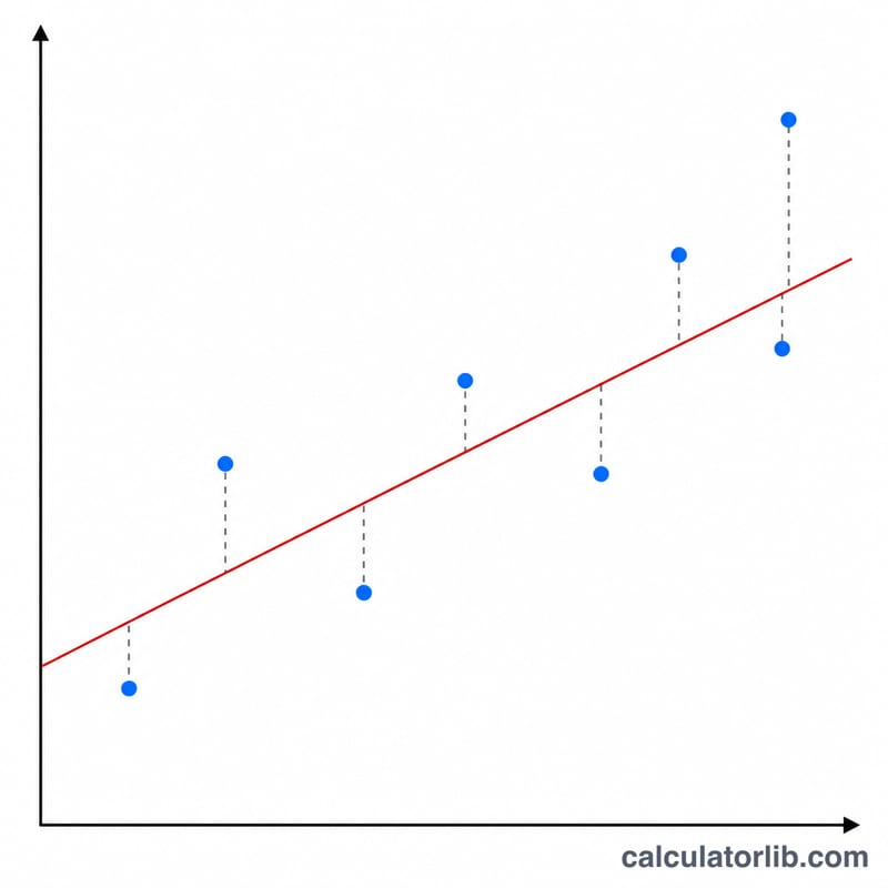 Scatter of points with a best-fit line and vertical residual segments