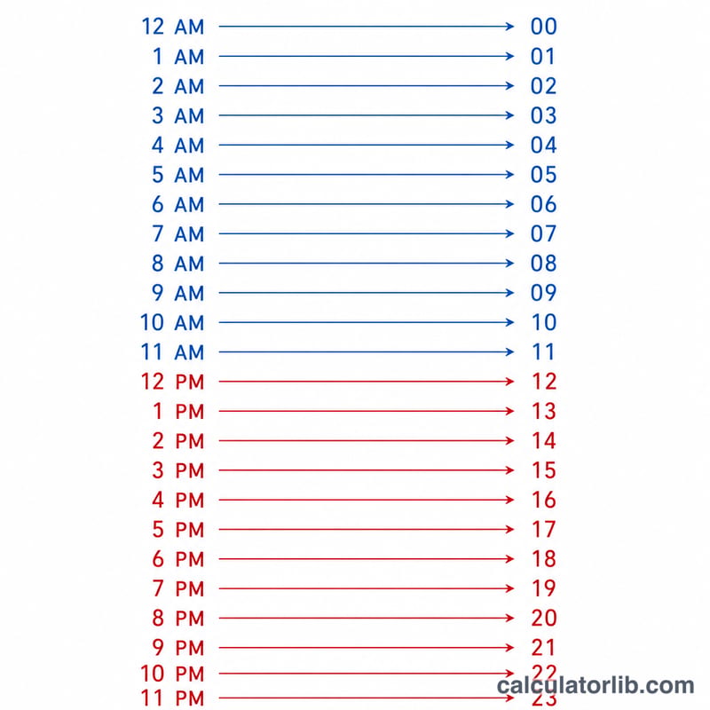 Conversion chart pairing each 12-hour AM and PM hour with its 24-hour equivalent