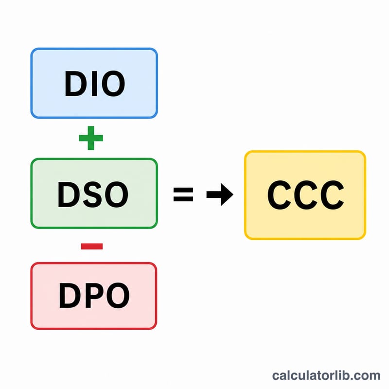 Equation block showing CCC equals DIO plus DSO minus DPO with plus and minus signs color coded
