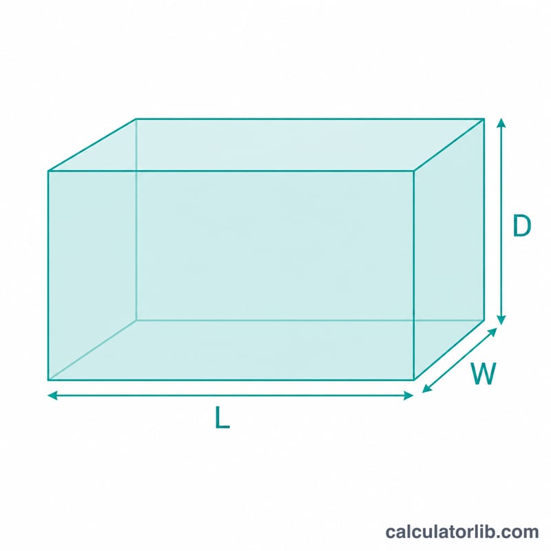 Diagram showing length, width and depth dimensions of a fire pit volume
