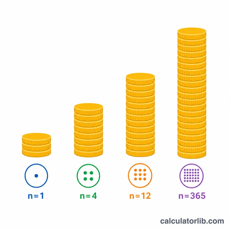 Cuatro pilas de monedas de altura creciente que representan la capitalización anual, trimestral, mensual y diaria