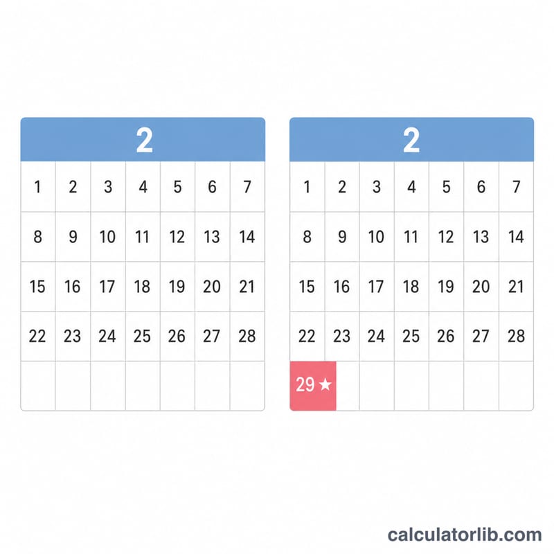 Comparaison du calendrier de février entre une année normale et une année bissextile