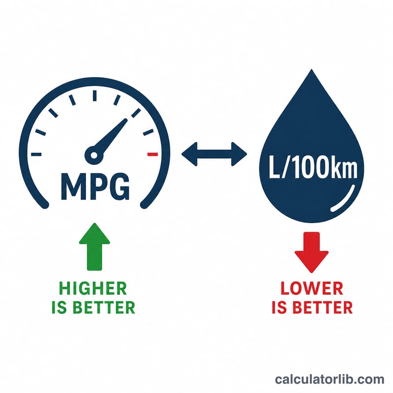 रूपांतरण तीर से जुड़ी MPG और L/100 km इकाइयों की तुलना