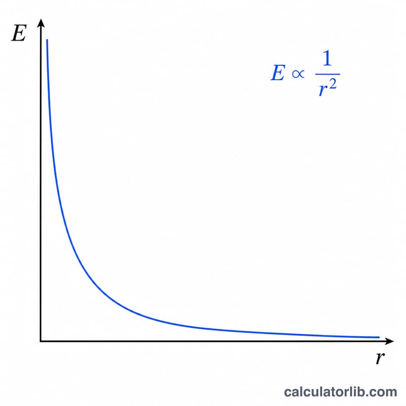 Curve showing electric field strength E decreasing as inverse square of distance r