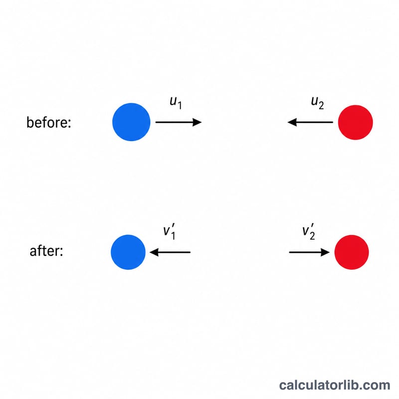 Two balls before and after collision with velocity arrows showing relative speeds