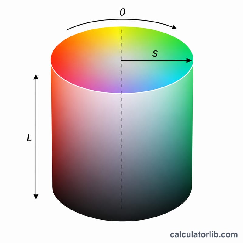 HSL cylinder showing hue angle, saturation radius, and lightness height