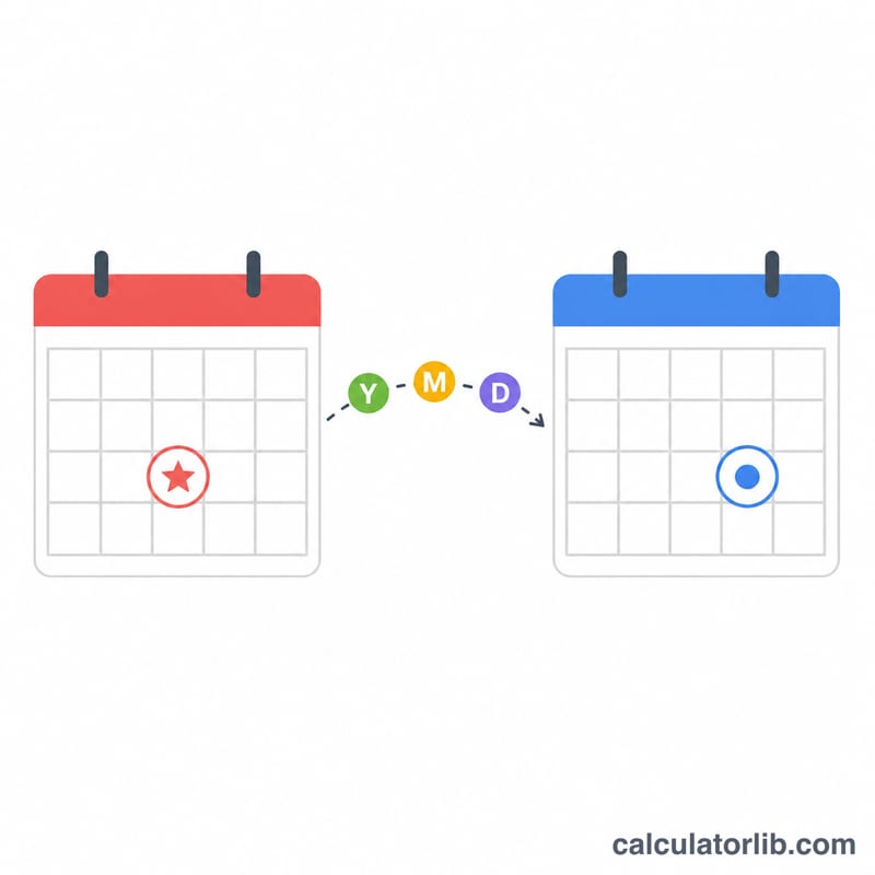 Two calendars marking date of birth and reference date with elapsed years, months and days between
