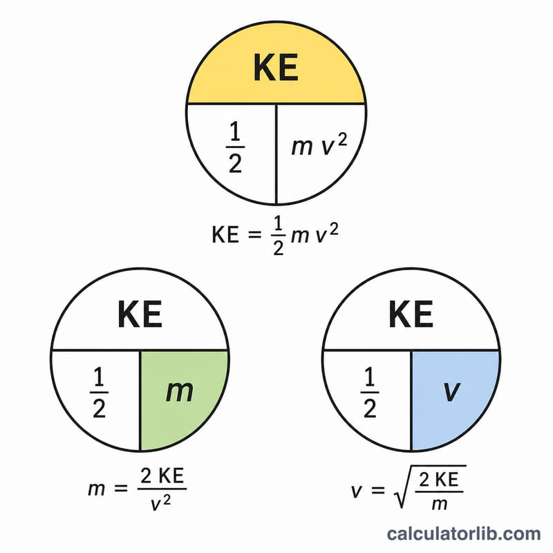 Three rearranged forms of the kinetic energy equation solving for KE, m, and v