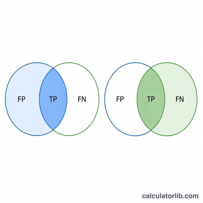 Venn diagrams illustrating precision as overlap over predicted and recall as overlap over actual