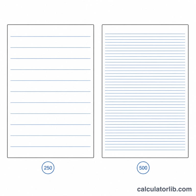 Two page sheets comparing double-spaced 250 words and single-spaced 500 words per page
