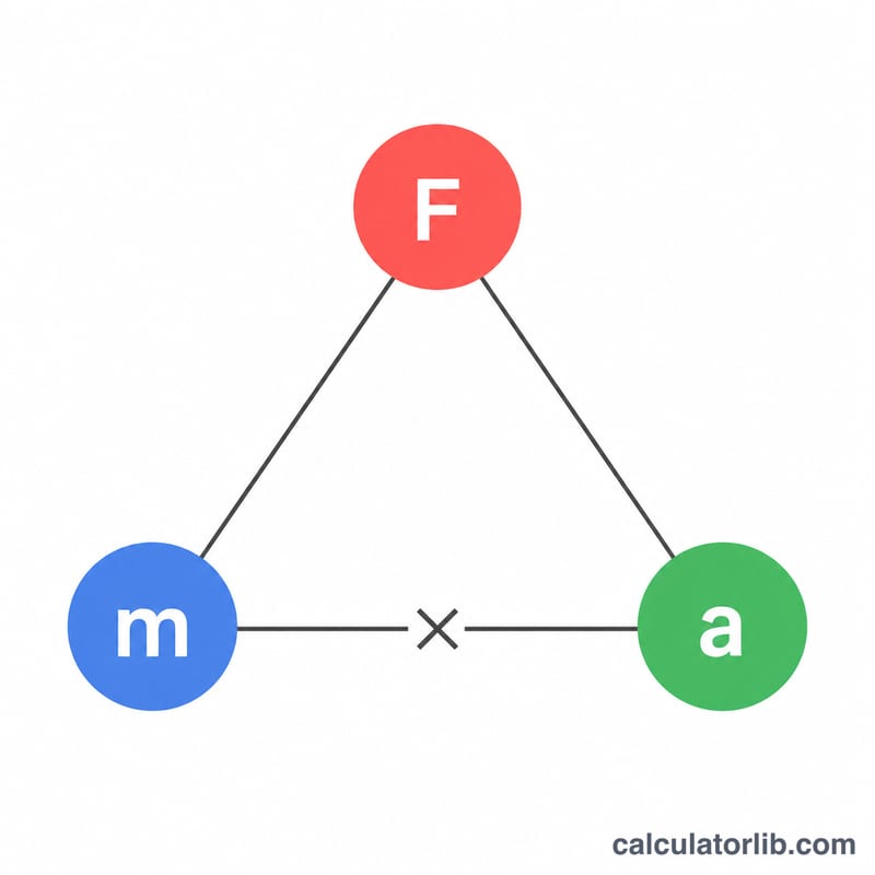 Triangle diagram linking force F, mass m, and acceleration a