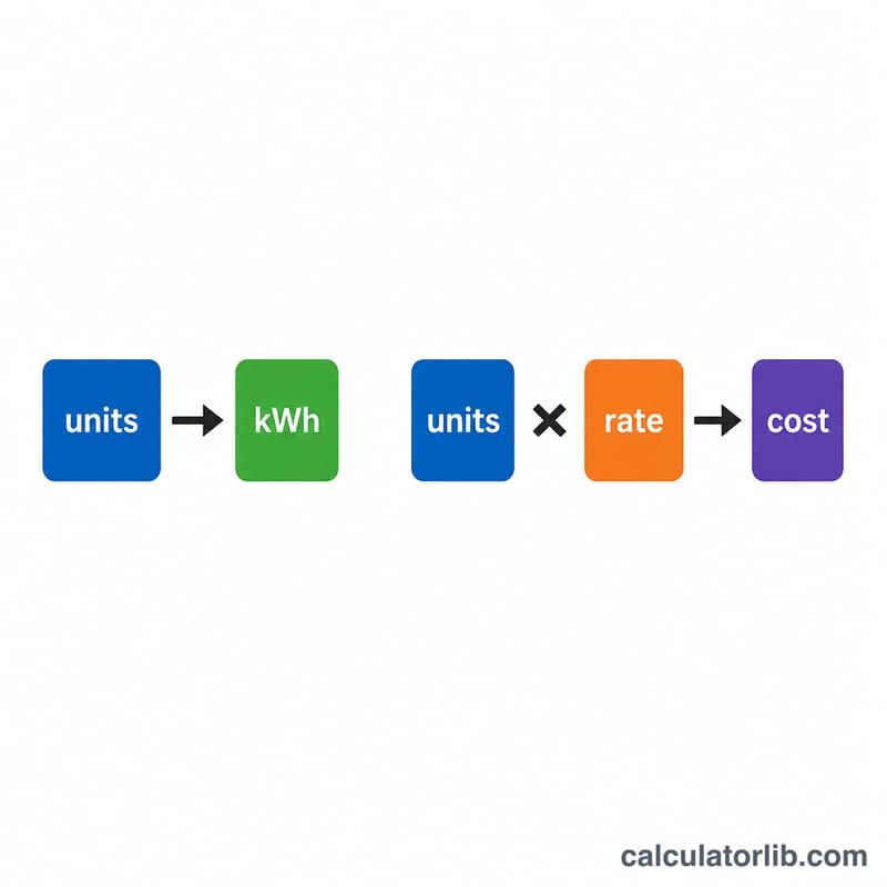 Flowchart of units multiplied by rate equals cost, and units equal kWh