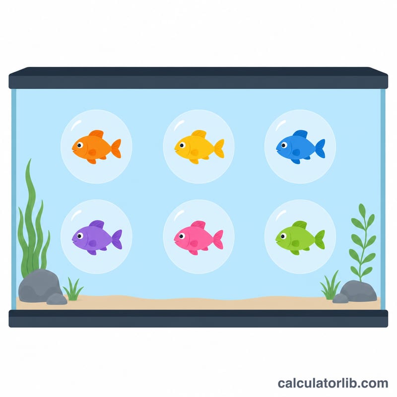 Ilustración que muestra peces espaciados dentro de un tanque con una guía de volumen de agua por pez
