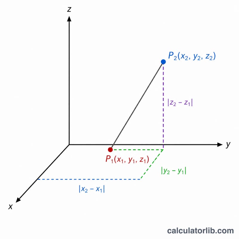 Diagram of a worked example showing two points and the right-triangle components of their 3D distance