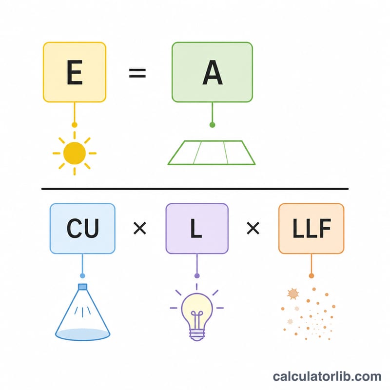 Annotated formula breakdown showing number of fixtures equals illuminance times area divided by lumens times CU times LLF