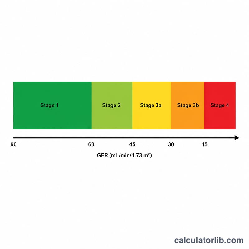 Color-coded bar showing CKD stages 1 through 5 along a decreasing GFR scale