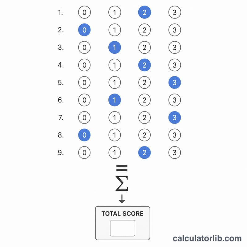 Nine question rows each with options 0 to 3 summing into one total score box