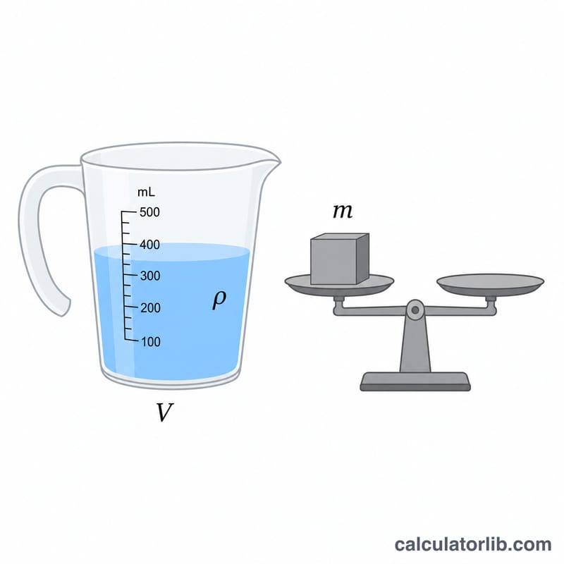 Measuring cup of liquid and a cube on a scale representing mass and volume